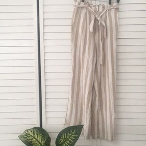 Striped white and beige linen paper bag pants